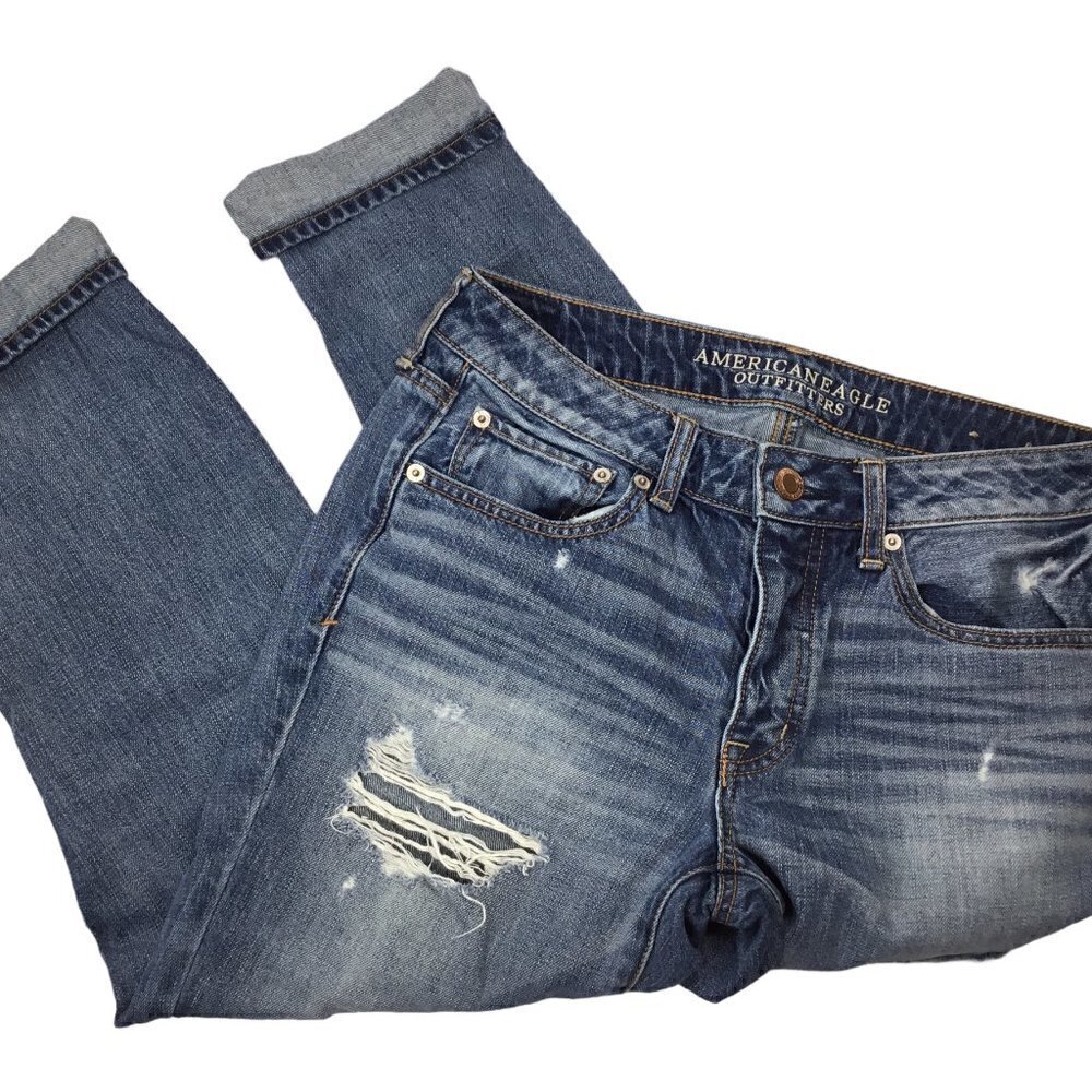 American Eagle Boy Crop Jeans Size 6 Regular Distressed Blue Denim Button Fly